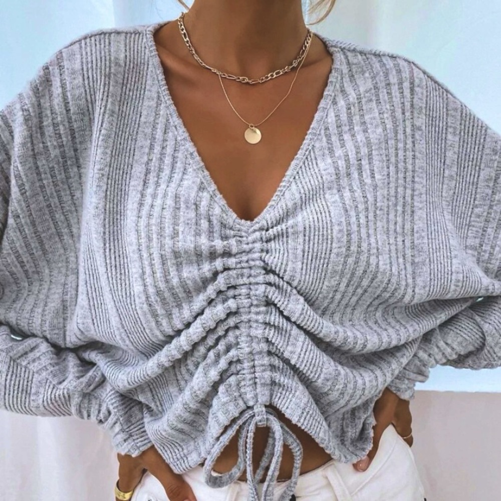 V Neck Drawstring Sweater, Light Gray - Picture 4 of 4